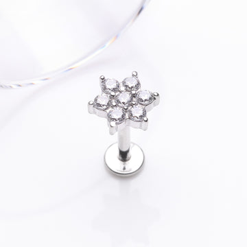 Detail View 1 of Brilliant Sparkle Spring Flower Top Internally Threaded Steel Labret-Clear Gem